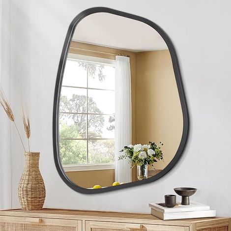 Miroir asymétrique pour Mur Ovale irrégulier avec Cadre en Bois Miroir Mural décoratif pour Salle de Bain, Salon, Chambre à Coucher, entrée, Couloir, Petit Miroir Artistique (1/5)