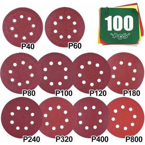 Papier de verre 100, Disque Abrasif 125mm Assorti 40 60 80 100 120 180 240 320 400 800 grain, disques ponçage papier abrasifs ponceuse orbitale pour bois métal verre voiture polissage fin (1/5)