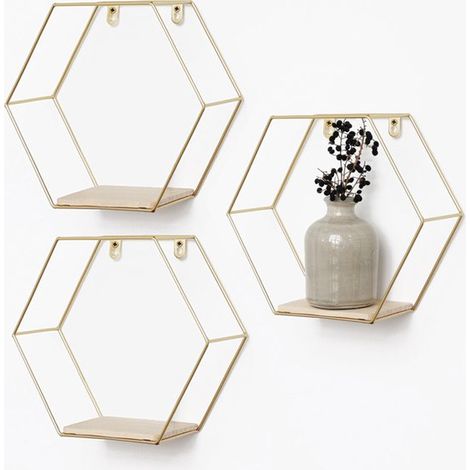 Étagère murale industrielle en métal doré avec 1 étagère en bois - Lot de 3 pièces - Hexagonale - 25 x 28,5 cm (1/5)