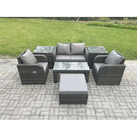 Fimous Rattan Lounge Sofa Set 7 PCS Gartenmöbel-Set mit Rechteckiger Couchtisch Love Sofa 2 Beistelltischen 2 Großer Hockern Dunkelgrau Gemischt (1/5)