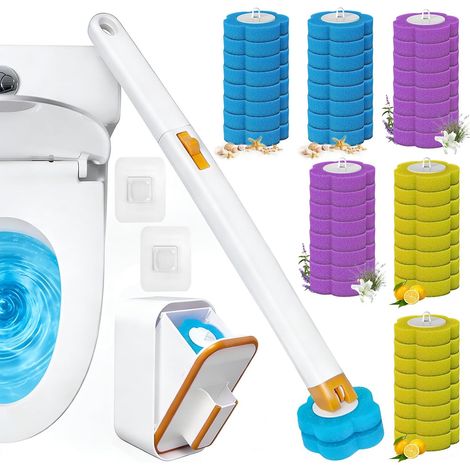 Brosse WC jetable avec 48 têtes de recharge, tête de récurage à 360 °  Poignée étendue  Parfum frais, brosse WC avec support mural, système de nettoyage pour salle de bain, douche, évier (1/5)