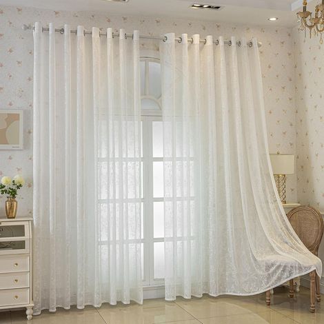 Voilage Dentelle 140x260cm - Lot de 2 Panneaux Rideaux Tulle Brodés à Fleurs pour Salon Chambre, Imprimé Fleurs et Vigne