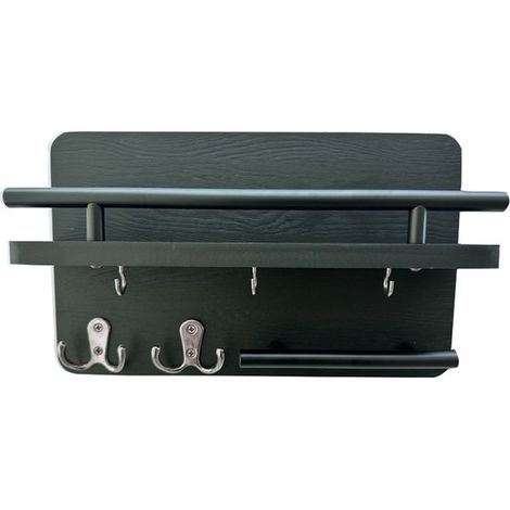 Étagère murale en bois massif - Porte-clés - Étagère de rangement murale - Porte-clés et porte-lettres - Porte-manteau en bois pour entrée - Porte-clés en bois massif noir (1/5)