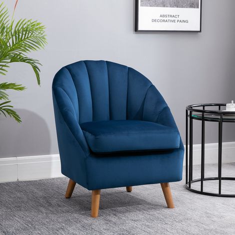 Fauteuil de salon rembourré en velours avec rembourrage épais, Pieds en bois de caoutchouc, Bras, Bleu (1/5)
