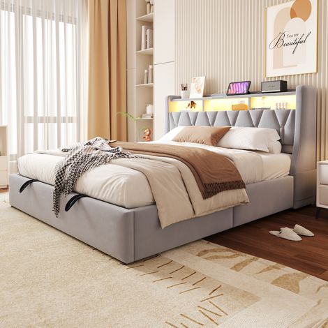Lit coffre 180 x 200 cm, Lit rembourré tête de lit rabattable avec rangement, prise et compartiment, éclairage LED, velours, Gris clair (1/5)