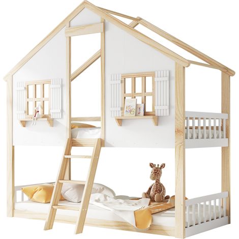 Lit superposé enfant 90x200 cm avec toit, fenêtres et échelle inclinée, barrières de sécurité, blanc et naturel, pour chambre ludique CHICFURN (1/5)