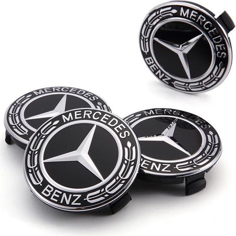 Enjoliveurs de moyeu de roue, 4 x 75 mm / 2,95 pouces, caches centraux pour jantes. Capuchons de moyeu avec logo Mercedes-Benz, coques de centre de roue noires.