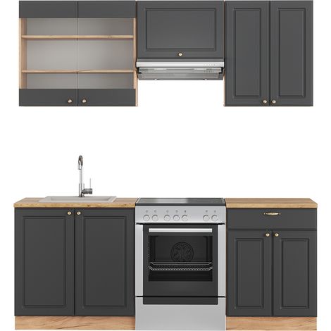 Küchenzeile Fame-Line, Anthrazit Landhaus/Goldkraft Eiche, 200 cm ohne Arbeitsplatte, Vicco (1/5)