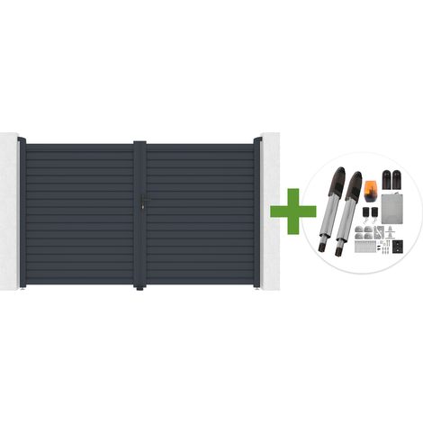 Portail battant 3m CALANCIA H.180cm lames persiennes aluminium gris + moteur TANKER B700