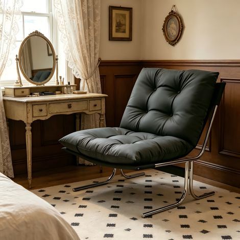 Fauteuil d'appoint confortable en similicuir avec revêtement amovible, fauteuil de salon tendance avec pieds en métal, fauteuil lounge moelleux de style Barcelone pour salle d'attente, balcon, chambre (1/5)