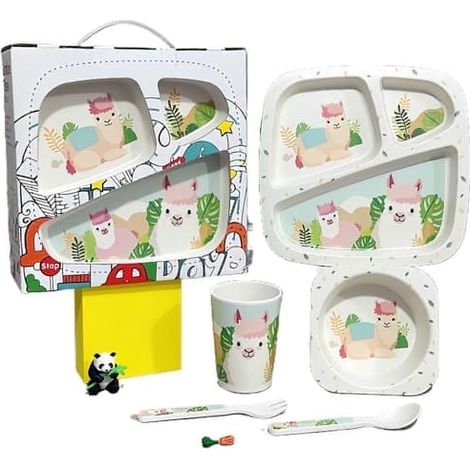 Service de table créatif pour enfants en fibre de bambou, ensemble de cinq pièces, idéal pour les enfants d'âge préscolaire. Coffret cadeau Alpaca.Gift.Box.