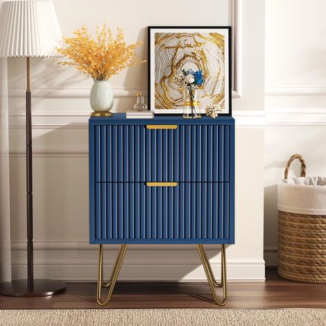 Nachttisch mit 2 Schubladen, goldenen Metallfüßen, modernes minimalistisches Design - Dunkelblau (1/5)