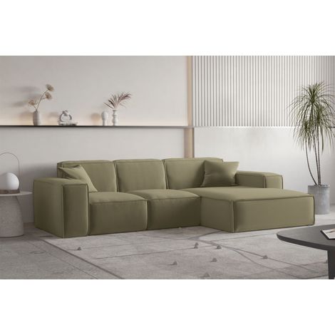 Ecksofa Designersofa CELES PREMIUM Stoff Opera Velvet Olivgrün Ottomane Rechts (1/3)
