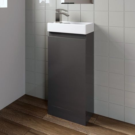 Gloss Grey Floor Standing 400mm Slim Vanity Unit Basin Sink Cloakroom Bathroom (1/5)