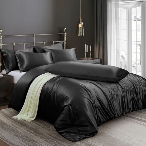 Parure de lit 6 pièces en Satin Soyeux avec 1 Housse de Couette Douce, 4 taies d'oreiller Grand lit et 1 taie d'oreiller pour Le Corps, Noir (1/5)