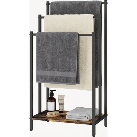 Relaxdays Handtuchständer mit Ablage, HBT 82,5x43x28cm, Industrial, 3 Stangen, Handtuchhalter, dunkelbraun/schwarz