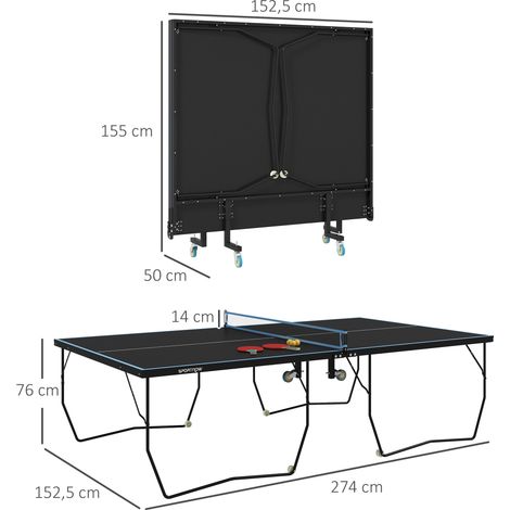 Tischtennisplatte, klappbar, 8 Räder, pulverbeschichteter Stahlrahmen, MDF, 274 x 152,5 x 76 cm, Schwarz (1/5)