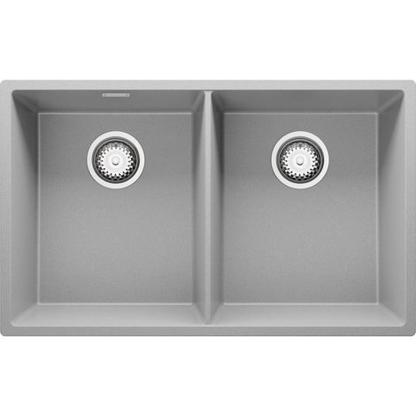 PRIMAGRAN Evier Cuisine en Granit 76x47cm, Lavabo 2 bacs + Kit de Vidage, Évier à Encastrer au meuble 80cm - London Slim Twin, Gris (1/5)