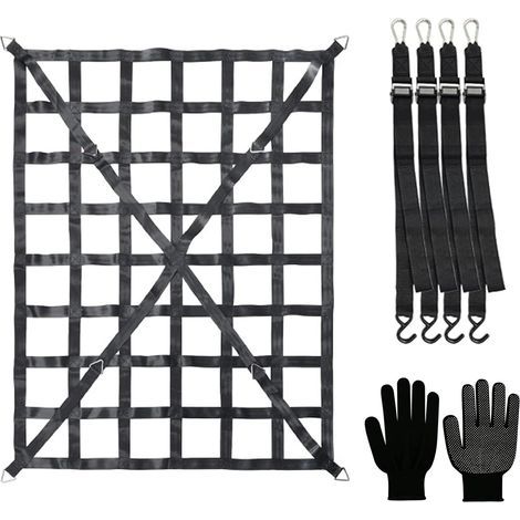 Filet de chargement pour benne de pick-up, réglable et robuste, compatible avec les SUV, pick-up et remorques, avec 4 sangles de fixation et gants - 167 cm x 127 cm (1/5)