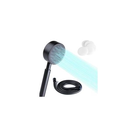 Pommeau de douche haute pression avec un flexible en acier inoxydable de 59 mm, adapté à une alimentation en eau à basse pression et comprenant une éponge filtrante remplaçable (noire). (1/5)