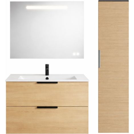 Meuble vasque 90 cm BURGBAD Olena chêne clair + miroir + colonne de salle de bain