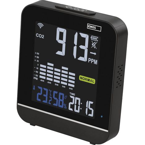 EMOS GoSmart – Smart Home monitor di qualità dell'aria con app – WiFi – Display a colori – Misuratore di CO2 – Sensore di temperatura e umidità – Alimentazione USB-C – TUYA, SmartLife – Nero (1/5)