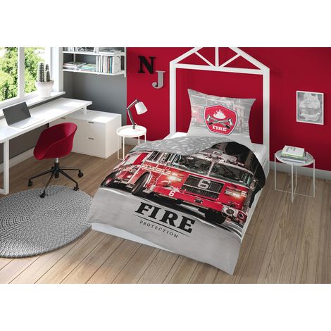 Set di biancheria da letto per bambini 160x200, rosso e grigio, vigili del fuoco (1/3)