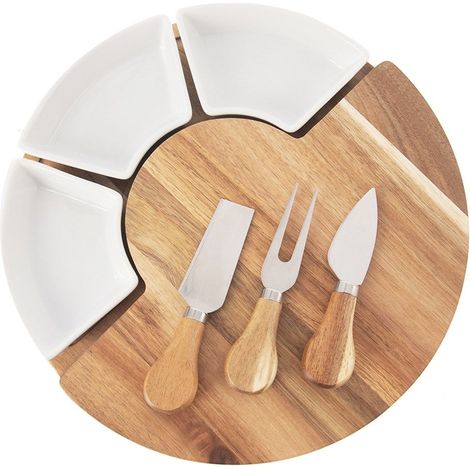 Tabla de madera para quesos y embutidos con cuencos y cuchillos. (1/5)