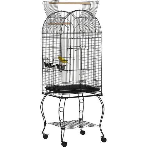 Cage à oiseaux et canaris, volière à roulettes en métal noir 51x51x153 cm