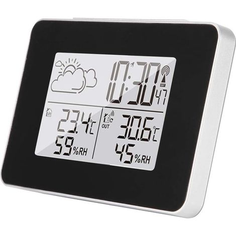 Réveil numérique avec fonction snooze, station météo numérique, horloge, thermomètre, hygromètre, sans fil, intérieur et extérieur, grand écran LCD rétroéclairé (1/4)