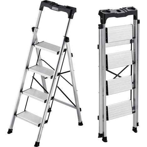 Escabeau 4 marches pliant, pédale large antidérapante, poignée confortable, capacité 150 kg, aluminium portable, usage polyvalent maison, cuisine, bureau. (1/5)