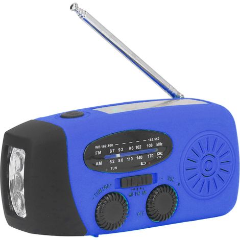 Radio solaire à manivelle, radio d'urgence multifonctionnelle avec lampe torche LED intégrée, idéale pour le camping et les activités de plein air (Blue America). (1/5)