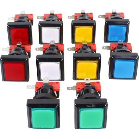 10 boutons-poussoirs carrés lumineux à LED avec micro-interrupteur pour bornes d'arcade et consoles de jeux vidéo (kit de pièces détachées, lampe 12 V, boutons de 33 mm 2 de chaque couleur). (1/5)