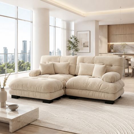 Canapé d'angle modulable en tissu café clair 220 x 145 x 81 cm avec ottomans mobiles, 2 coussins lombaires et 2 coussins décoratifs – de FLORAGRACE (1/5)
