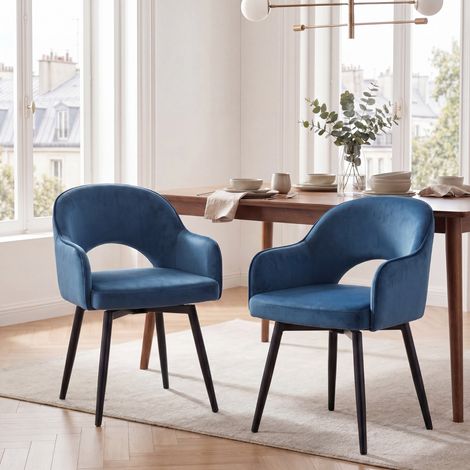 Wahson Lot de 2 chaises en velours bleu – Chaise salle à manger moderne avec accoudoirs – Rembourrage mousse haute densité – Pieds métal durables, Bleu
