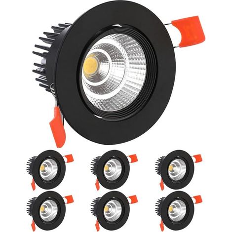 6 Pack LED Spots Encastrable, 7W COB Plafonnier Encastré Lamp,AC 220-240V,Blanc Froid 6000K,Ajuster l’angle 30°,IP44,Découpe 70-80mm,Pour salle de Salon,Couloir, bain,Cuisine(Noir) (1/5)