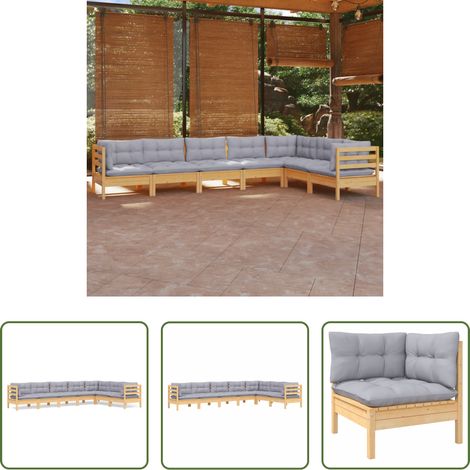 Terrassensofa - 7-tlg. Garten-Lounge-Set mit Grauen Kissen Kiefer Massivholz (1/5)