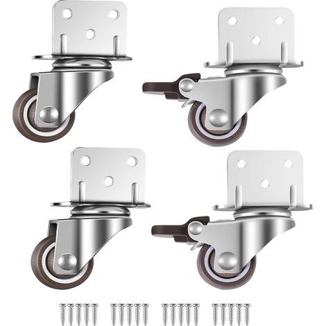 Set of 4 Small Furniture Swivel Casters, 25mm with Brake, L-Mount Plate, Suitable for Furniture, Flower Stands, Nurseries (25mm)