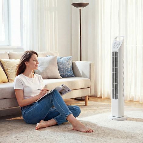 Ventilateur colonne avec télécommande. Minuterie 7,5 heures. Ventilateur silencieux pour chambres. Blanc.