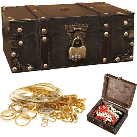 Coffre Au Trésor En Bois Vintage, Petit Coffre Au Trésor Vintage Pirate Avec Cadenas, Vintag Coffr Au TréSor De Pirate, Bois Coffr Au TréSor En Boi Pour Ranger Décorer (24x17x10cm) (1/5)