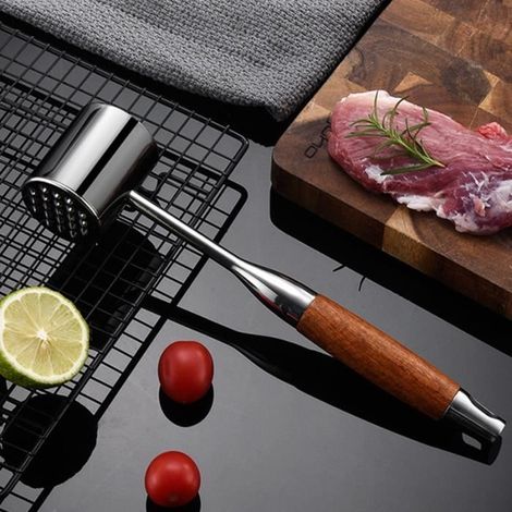 Meat Mallet Hammer Attendrisseur de Viande Double Face en Acier Inox, Marteau a Steak avec Poignée en Bois Antidérapante (1/4)