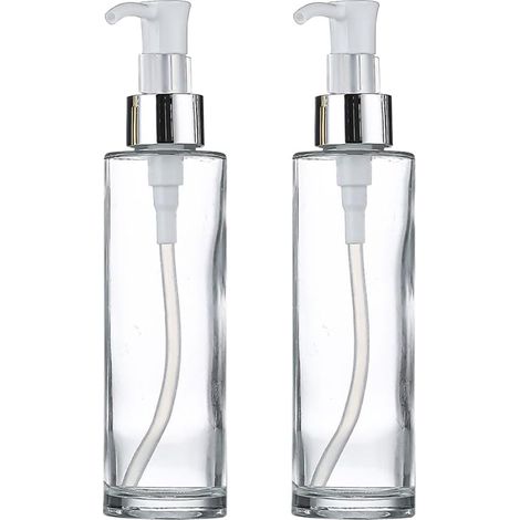 2 frascos transparentes de 120 ml con dosificador, tapa blanca, recargables para jabón/aceites/champú. (1/5)