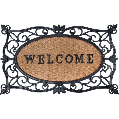 Felpudo elegante de fibra de coco y goma con la palabra Welcome