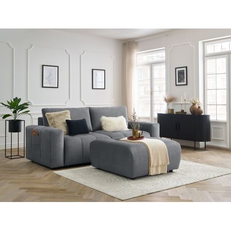 BOBOCHIC - Canapé droit convertible coffre ARSENE tissu velours avec pouf   Gris foncé (1/5)
