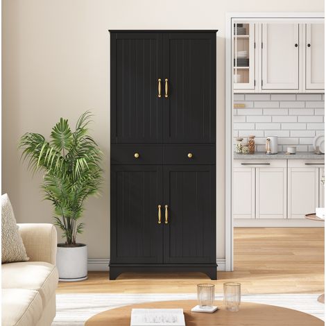 Armario alto 77x40x181 cm negro MDF con estantes ajustables, 2 cajones y estante extraíble (1/5)