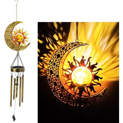 Carillon éolien Solaire Mignon Soleil et lunes lumière décorative en Fer Art Soleil et lunes, Un Carillon éolien Portable LED décoratif extérieur Cadeau pour Les Amis. [Classe énergétique A] (1/5)