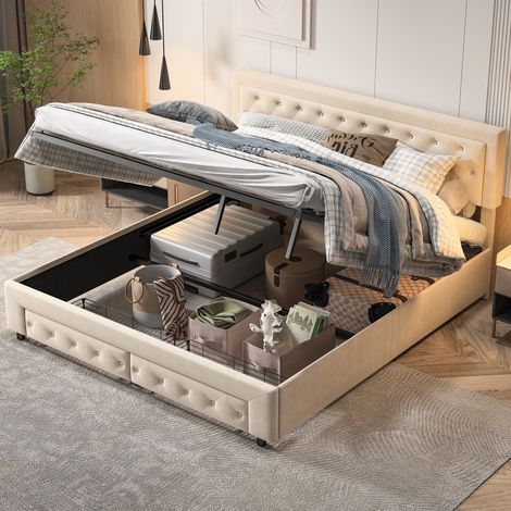 Polsterbett 160x200 cm - hydraulisches Boxspringbett - Knopfdekoration - zwei Schubladen am Ende des Bettes - viel Stauraum - Samt - Lattenrost – Beige