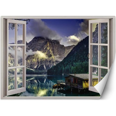 Carta Da Parati, Finestra vista lago in montagna natura - 140x100 (1/5)