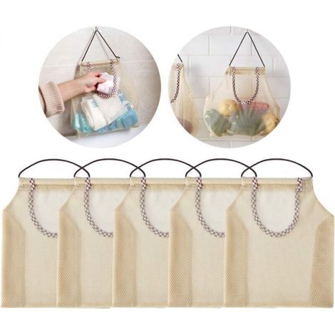 5 Pack Breathable Hanging Mesh Bags, Kitchen Storage Bags, Suitable for Potatoes, Onions, Garlic, Vegetables, Fruits, etc. (1/4)