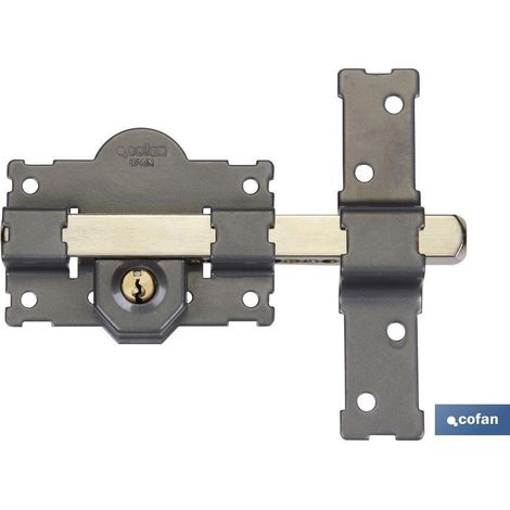 COFAN cerrojo llave/llave pintado gris l/105-70mm igualados , Cerrojos con acabado pintado gris, barra en acero calibrado 18mm, placa en acero 2mm, cerradero en acero 3mm. Cilindro